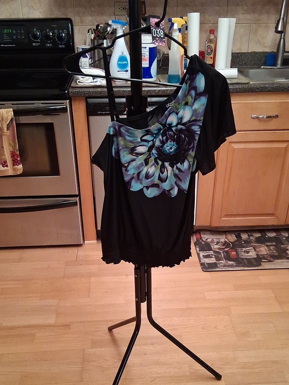 Iz Byer Black Off-Shoulder Top with Teal and Blue Floral Accent